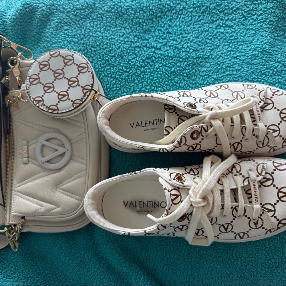 Valentino White and Brown Logo Sneakers with Cream Bag